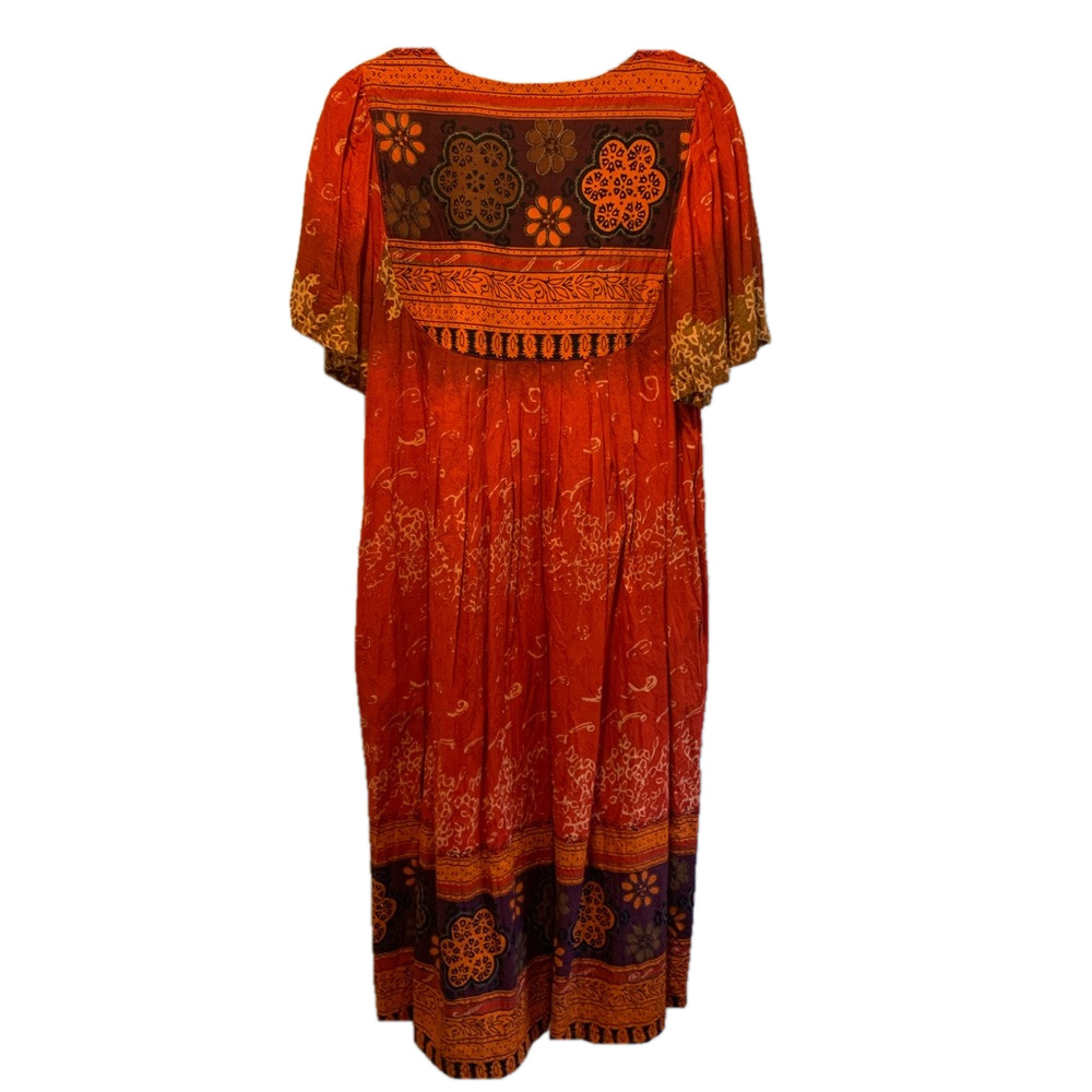 Vintage Boho 100% Cotton Midi Dress Size 1X Rust Orange Festival Cottagecore